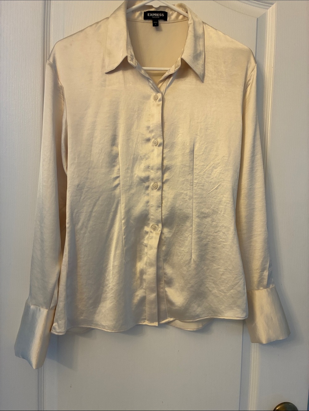 Express Satin Button-Down Blouse in Cream